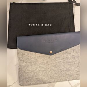 Monte & Coe 13" X 9" Navy Blue Leather and Grey Wool Laptop Sleeve Luxury
